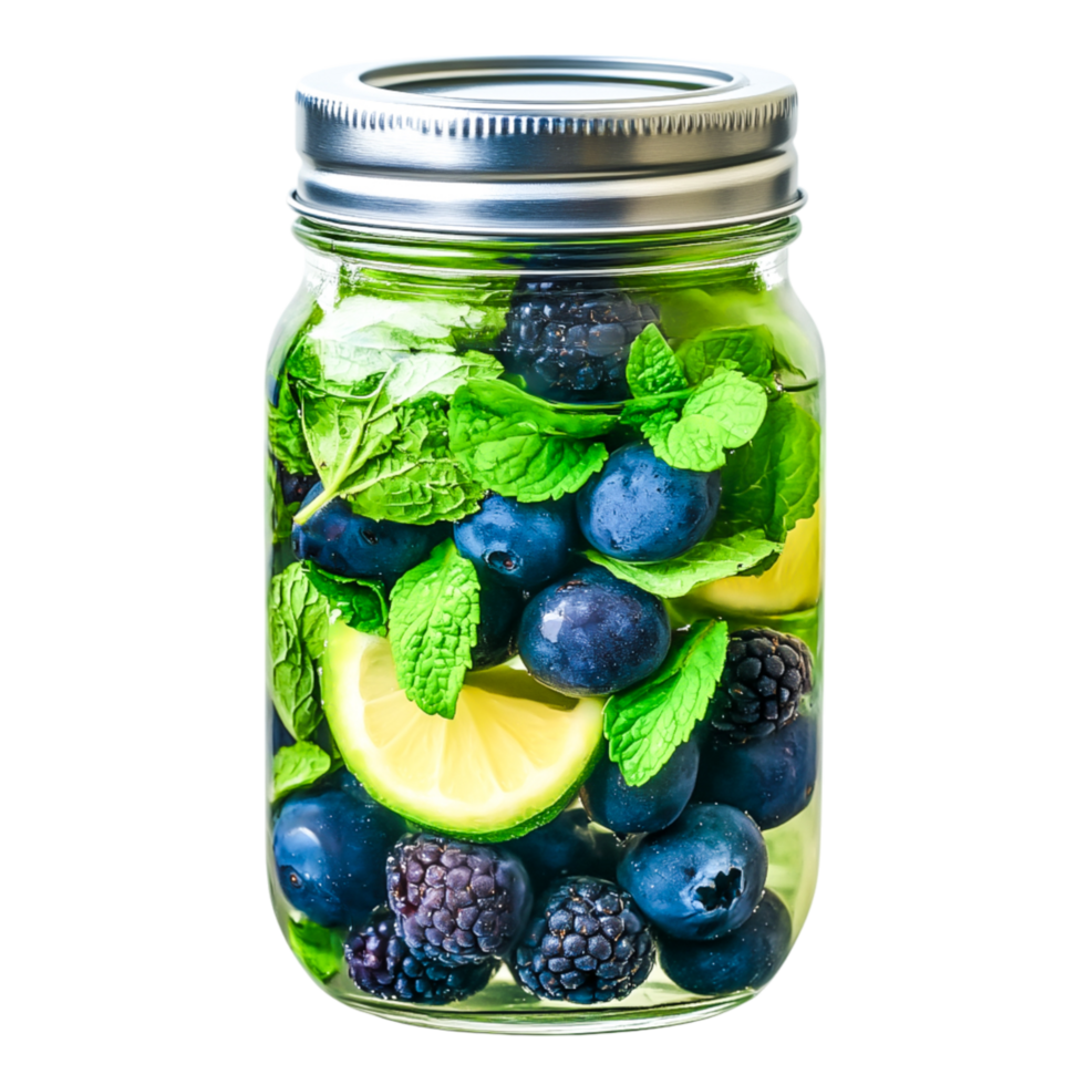 Fresh Fruit Infused Water with Blueberries and Mint in a Jar png