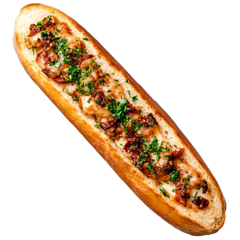Savory Baked Bread Roll Topped with Meat, Herbs, and Seasonal Ingredients png