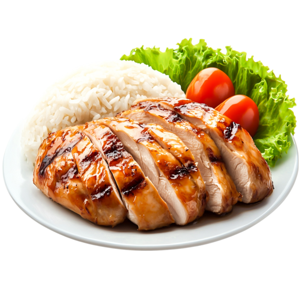 Grilled Chicken Breast with Rice and Fresh Vegetables White Plate png