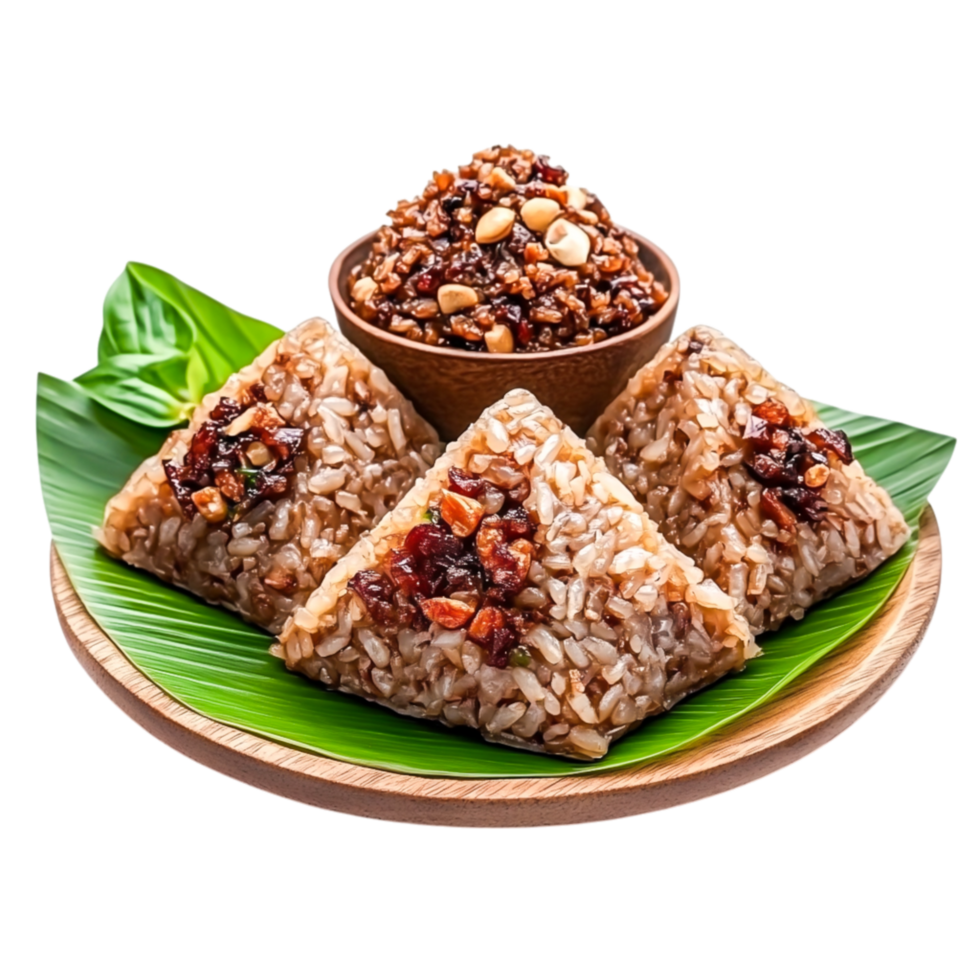 Delicious Sticky Rice with Savory Topping on Leaf and Wooden Plate png