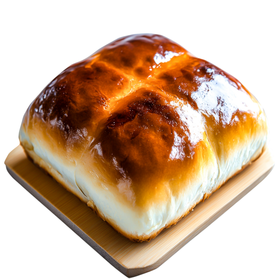 Freshly Baked Golden Bread Roll on Wooden Cutting Board png