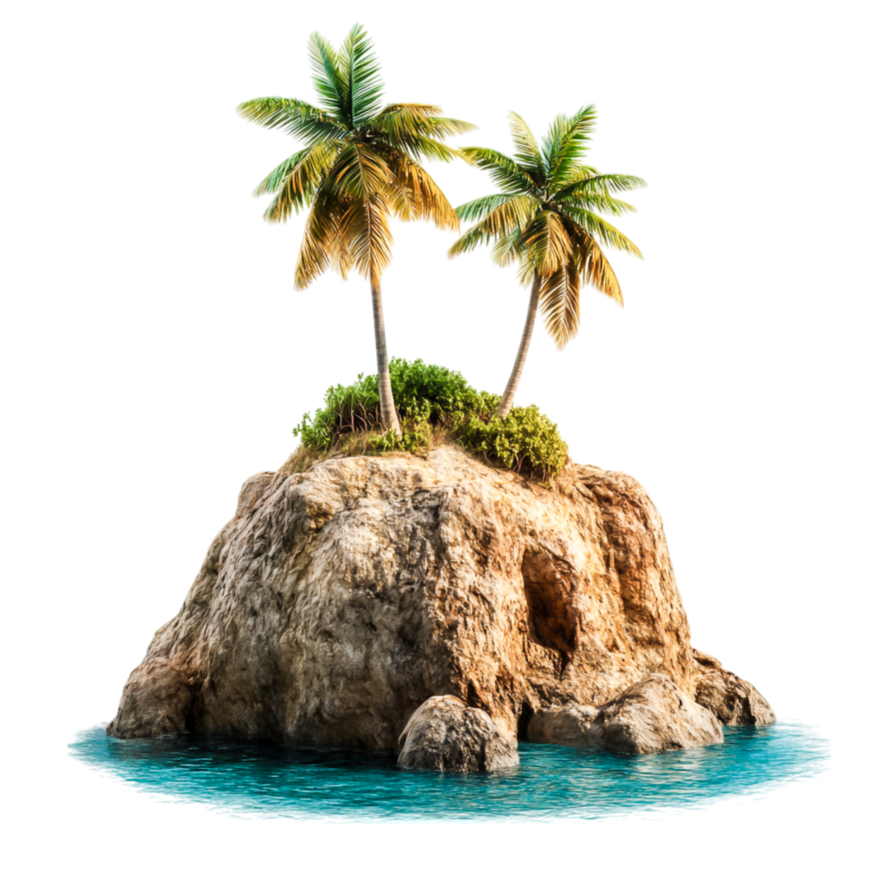 Tropical Island Oasis with Palm Trees and Rocky Shoreline Under Clear Sky png