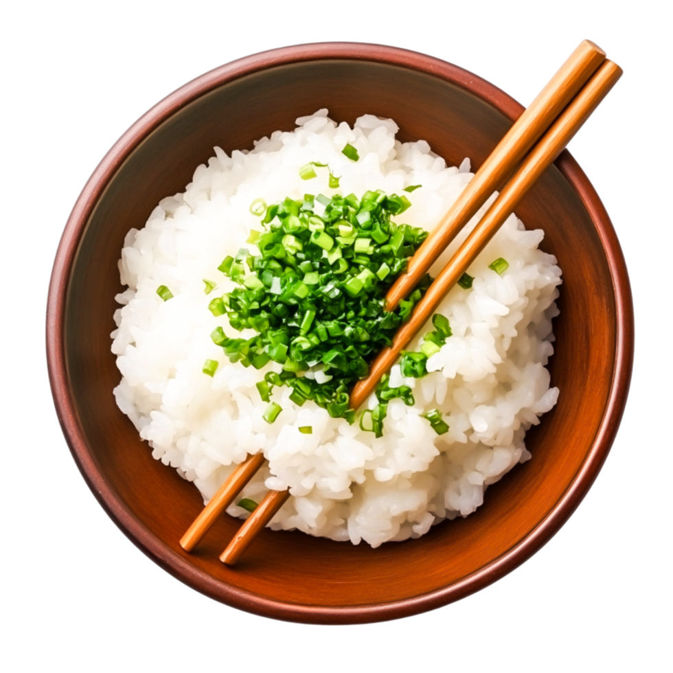 Steaming Bowl of White Rice Garnished with Fresh Green Chives png