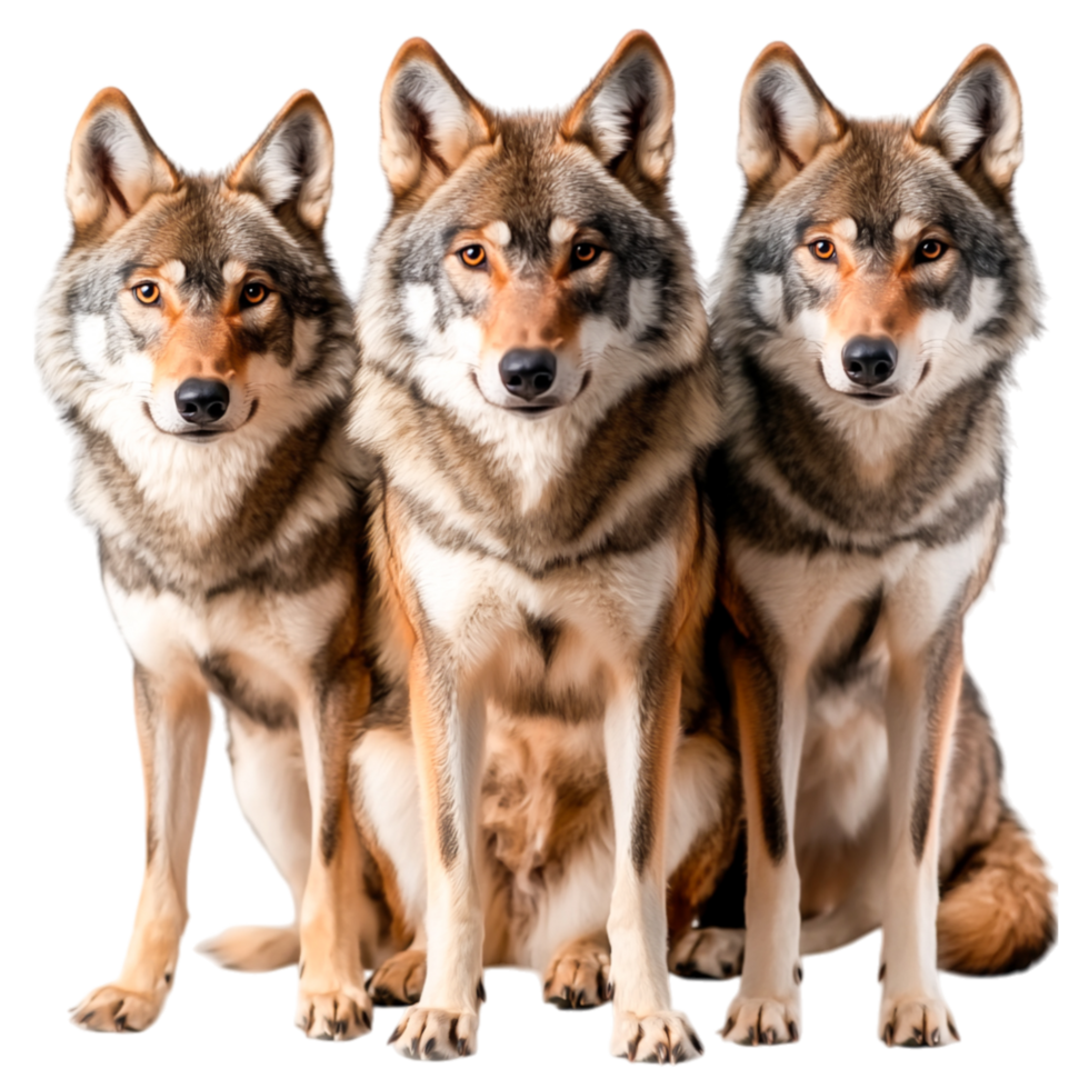 Group of Three Wolves Sitting Together with Alert Expressions in Nature png