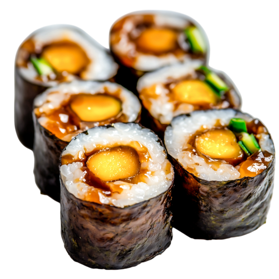 Fresh and Delicious Sushi Rolls with Mango, Rice, and Seaweed Garnish png