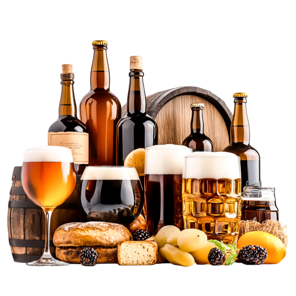 Assorted Craft Beers and Ingredients Distinctive Wooden Background png