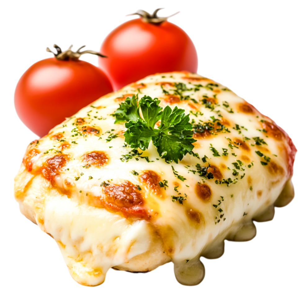 Delicious Baked Chicken Breast with Cheese and Fresh Tomatoes on White Plate png
