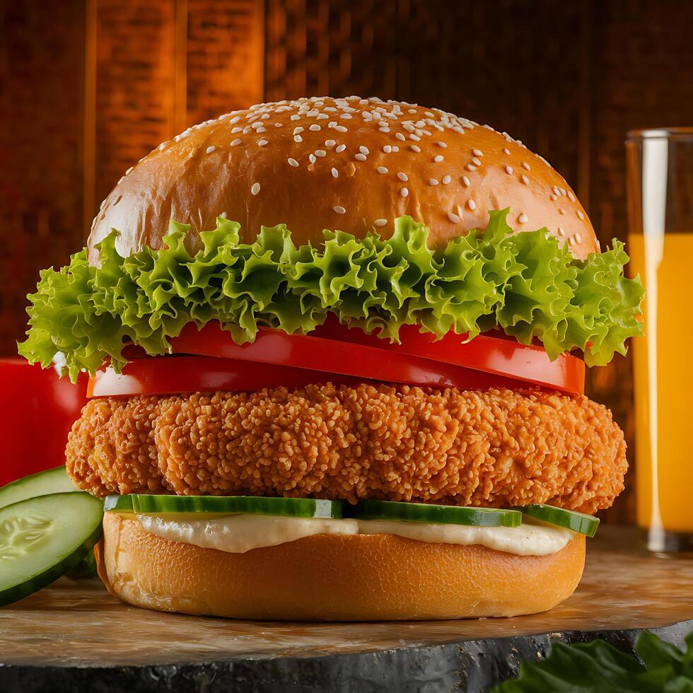 A large burger with lettuce, tomato, cucumber and a glass of orange juice photo