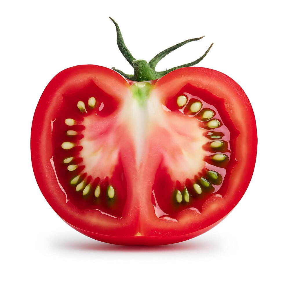 A tomato cut in half on a white background photo