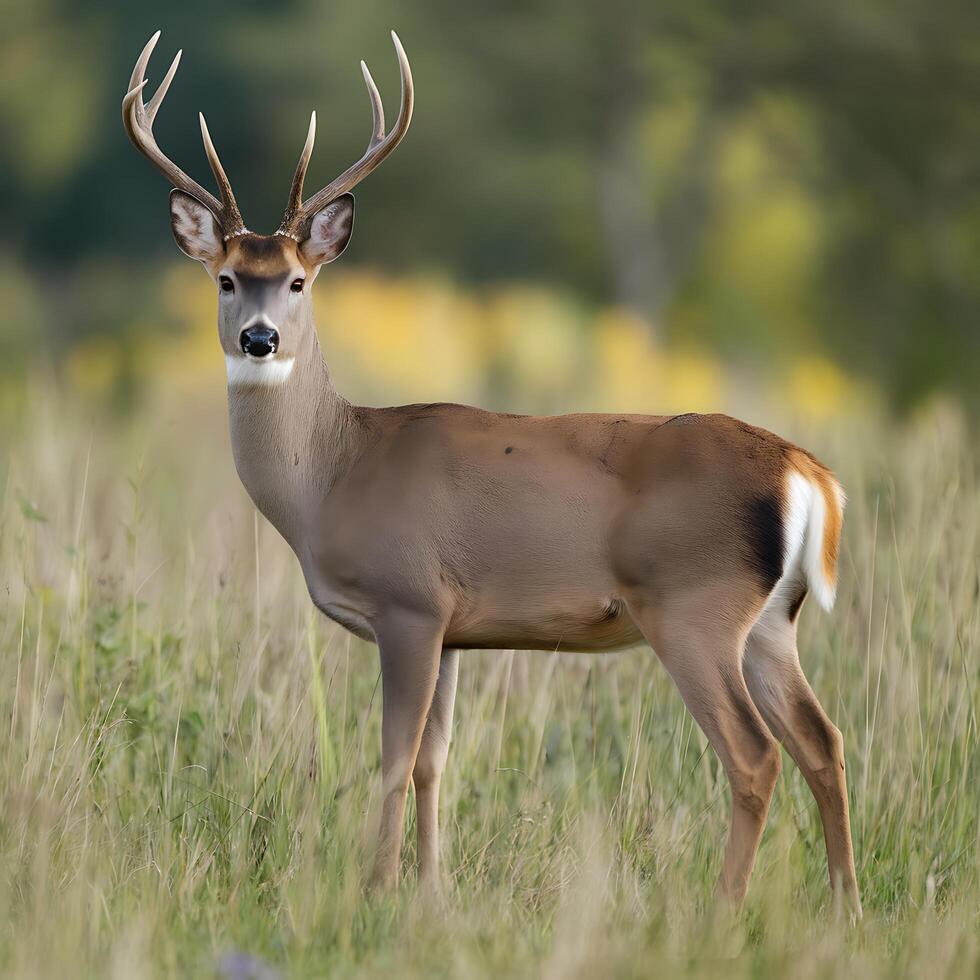 A deer with large antlers standing in a field photo