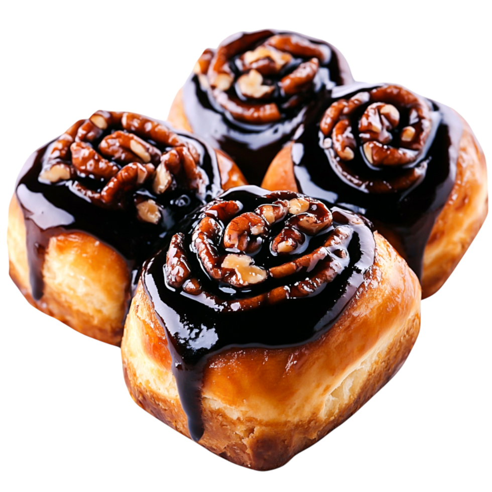 Delicious Chocolate Sticky Buns with Pecans in a closeup View png