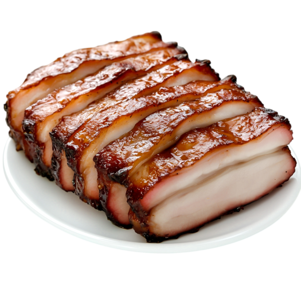 Deliciously Glazed Sliced Pork Belly on White Plate Ready for Serving png
