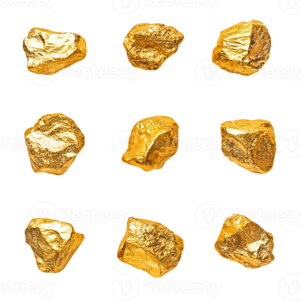 Gold nuggets treasure wealth mineral investment concept isolated on transparent background png
