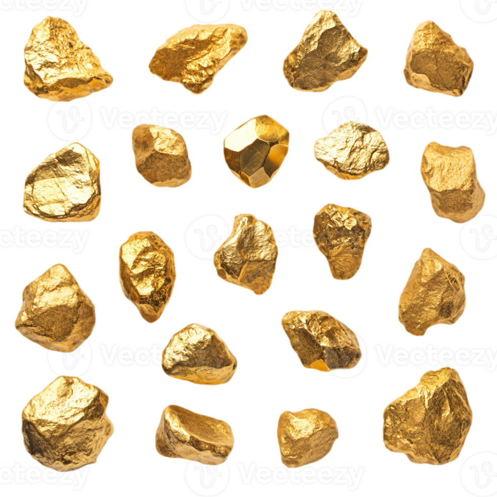 Collection of golden nuggets on a plain backdrop view isolated on transparent background png