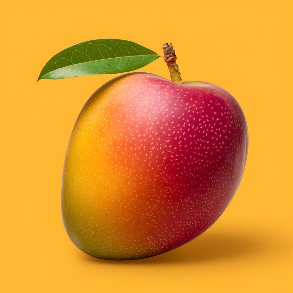 A mango on a yellow background with a leaf photo