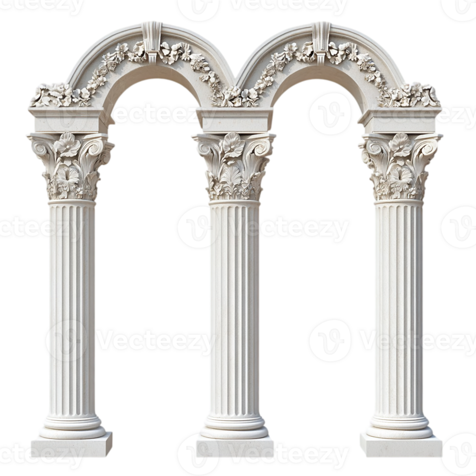 Three white marble columns with floral archway design isolated on transparent background png
