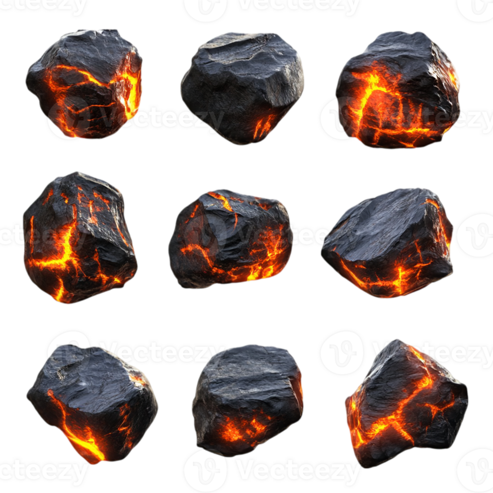 Collection of lava rocks glowing on a dark setting render isolated on transparent background png