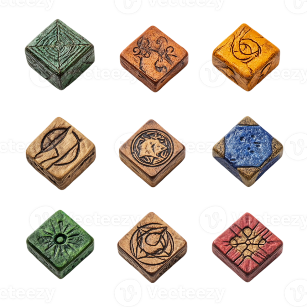 Collection of colorful carved wooden game tiles squares isolated on transparent background png