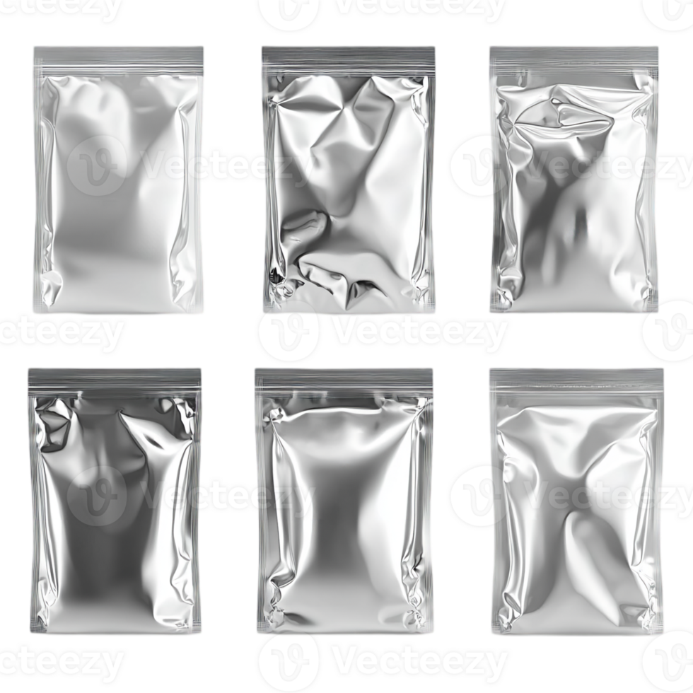 Foil pouches packaging mockups for product presentation isolated on transparent background png
