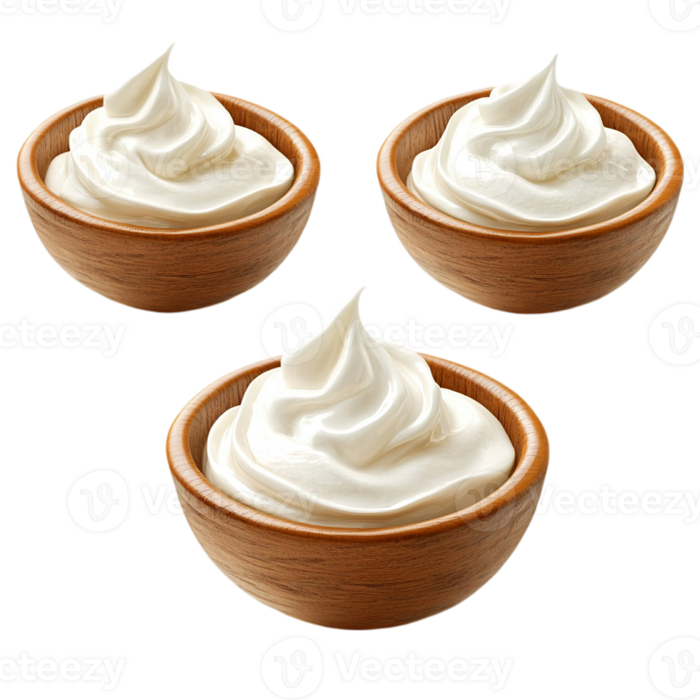 Creamy bowls of sour cream topping on a plain backdrop isolated on transparent background png