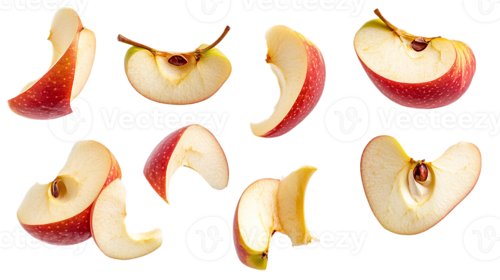 Fresh red apple slices floating on a plain backdrop isolated on transparent background png