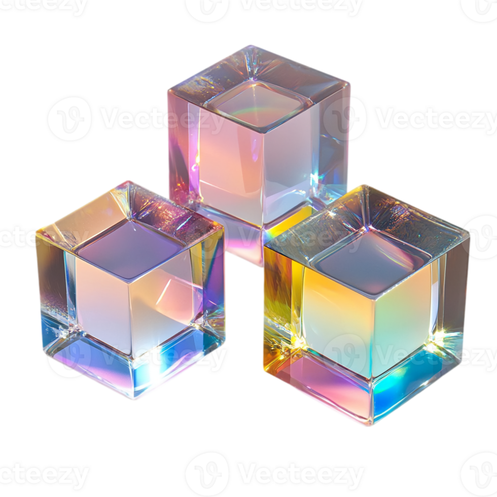 Iridescent glass cubes prisms refraction light effects isolated on transparent background png