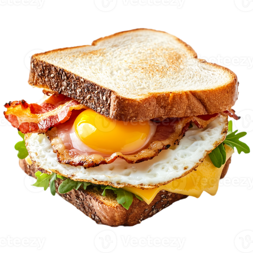 Delicious bacon egg and cheese sandwich close up view isolated on transparent background png