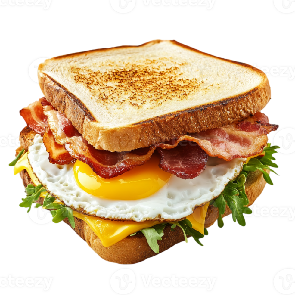 Delicious bacon egg and cheese sandwich on toasted bread isolated on transparent background png