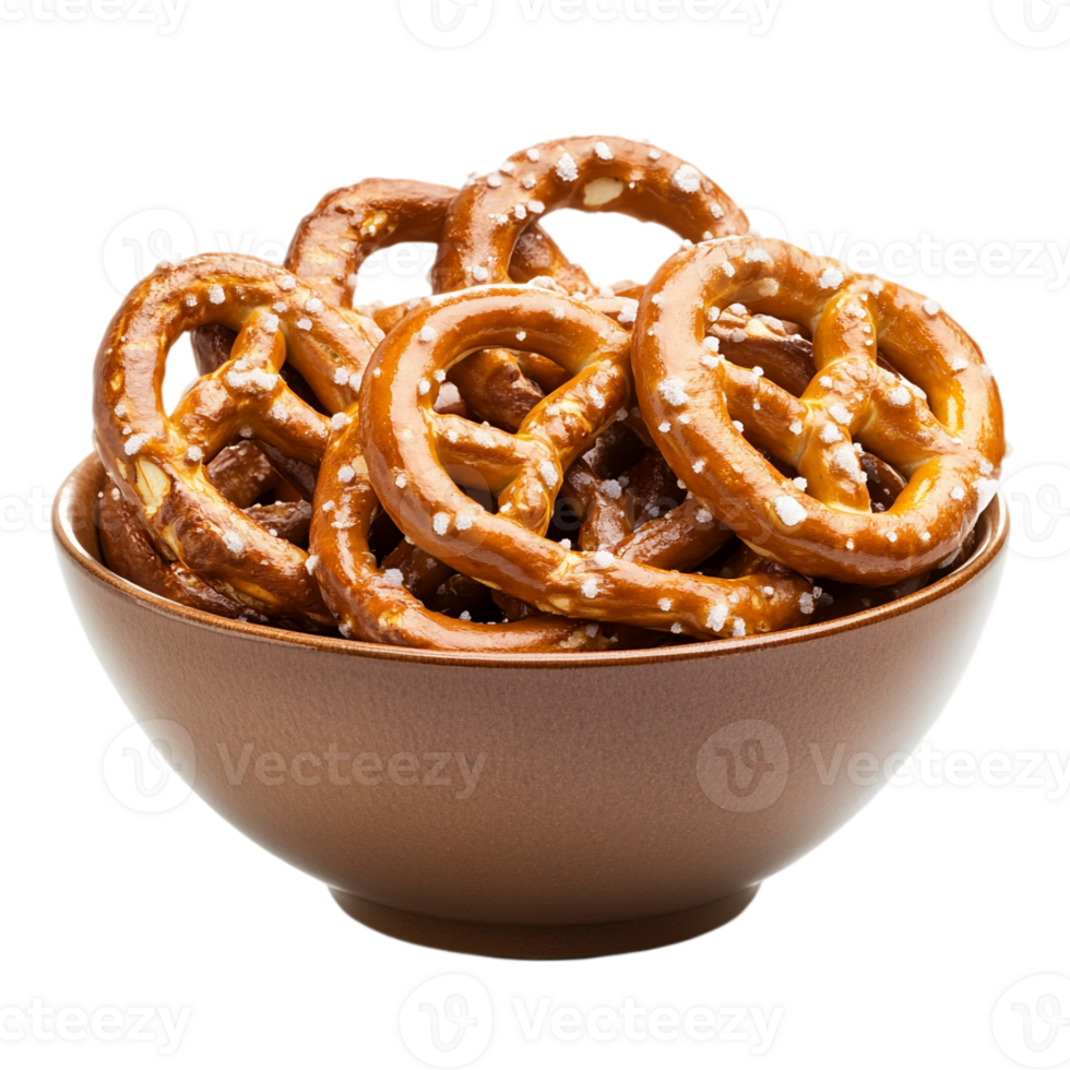 Bowl of salted pretzels snack food tasty treat dessert isolated on transparent background png
