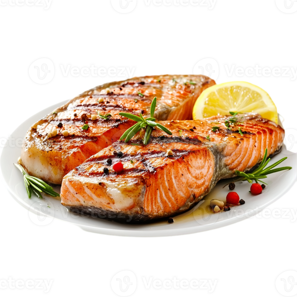 Grilled salmon steaks with lemon and herbs on a plate isolated on transparent background png