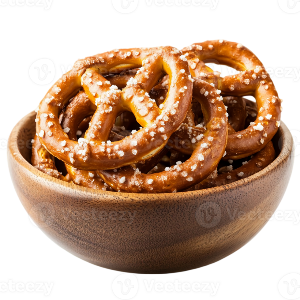 Salted pretzels in a wooden bowl snack food photography isolated on transparent background png