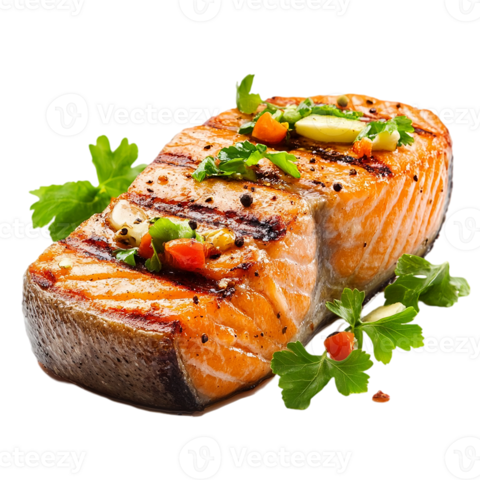 Grilled salmon fillet with herbs and spices presentation isolated on transparent background png