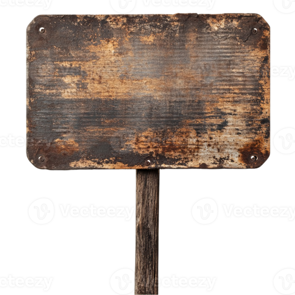 Vintage rusty metal sign on wooden post advertisement isolated on transparent background png