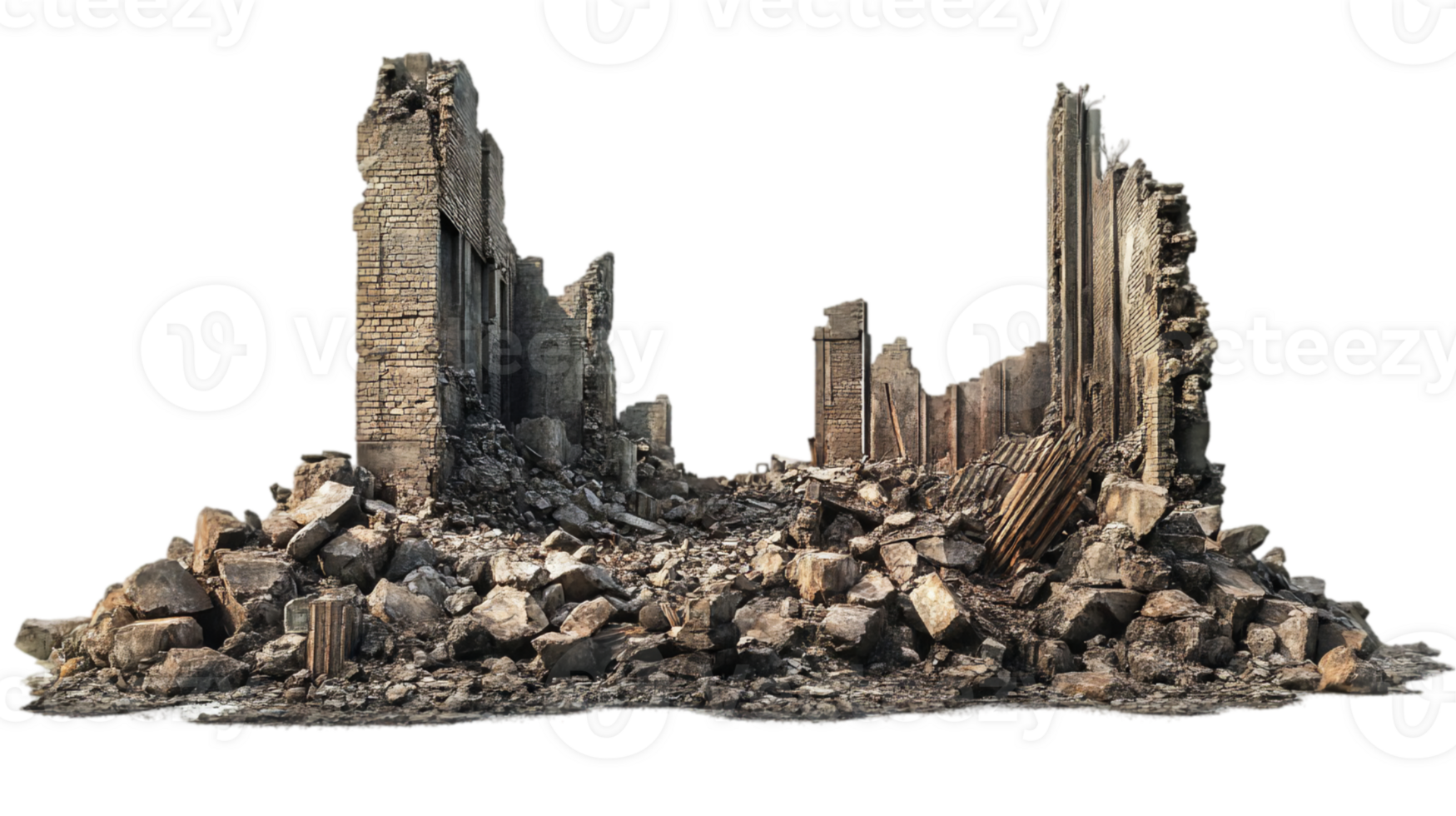 Ruined brick building architecture after destruction war isolated on transparent background png