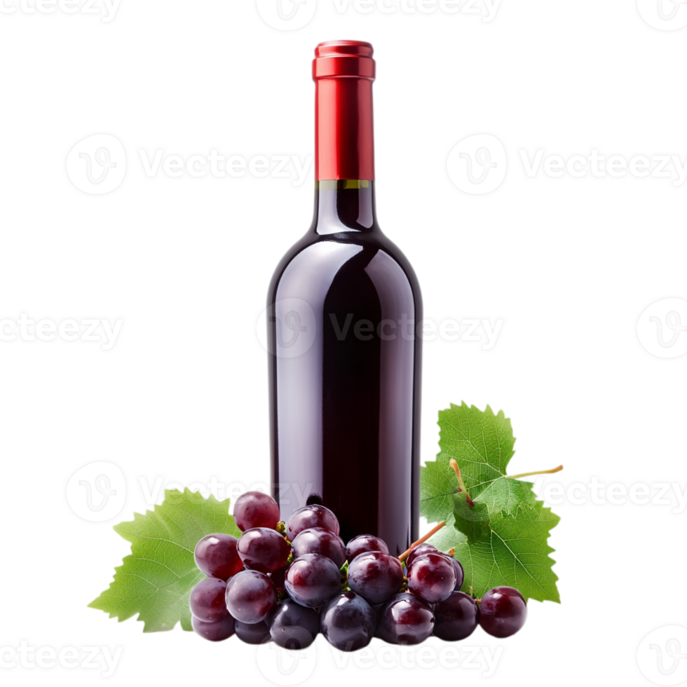 Red wine bottle with grapes on a plain studio setting isolated on transparent background png