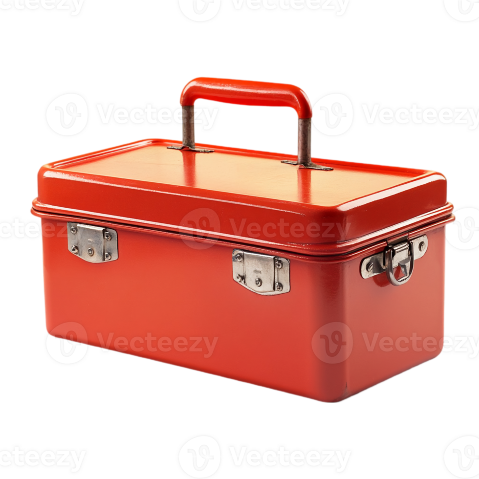 Red metal toolbox container for tool storage and repair isolated on transparent background png