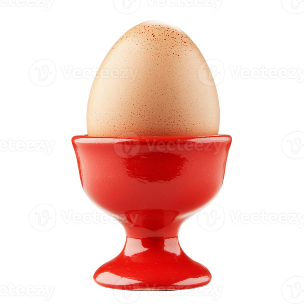 Single brown egg in a red eggcup against a plain setting isolated on transparent background png