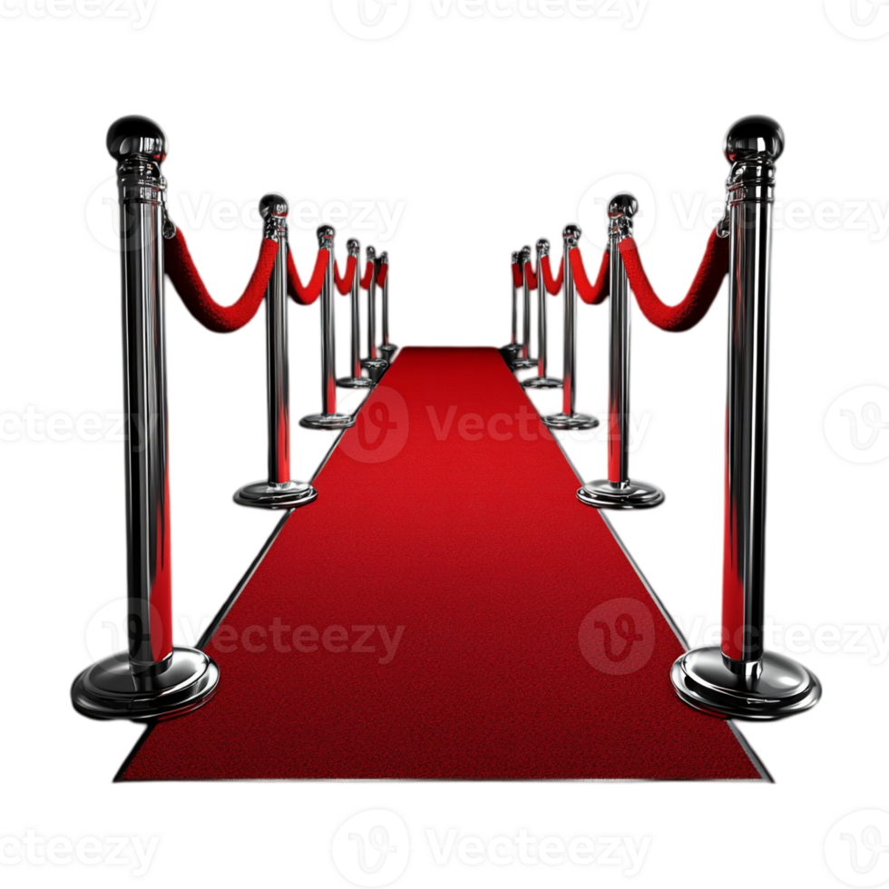 Elegant red carpet entrance with chrome stanchions ropes isolated on transparent background png