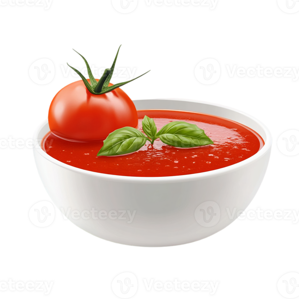 Tomato soup bowl with basil leaf and fresh tomato garnishisolated on transparent background png