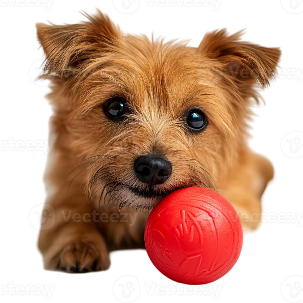 Adorable terrier puppy with red ball studio pet portrait isolated on transparent background png