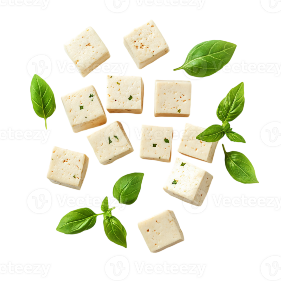 Fresh cubes of tofu with basil leaves on a dark surfaceisolated on transparent background png