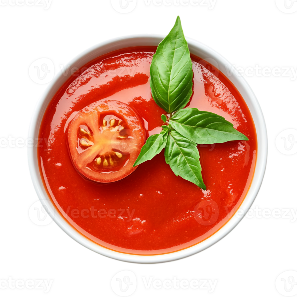 Tomato soup bowl with basil garnish food presentationisolated on transparent background png