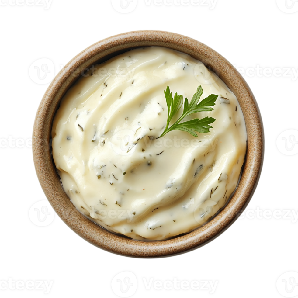 Creamy mayonnaise with herbs in bowl food presentationisolated on transparent background png