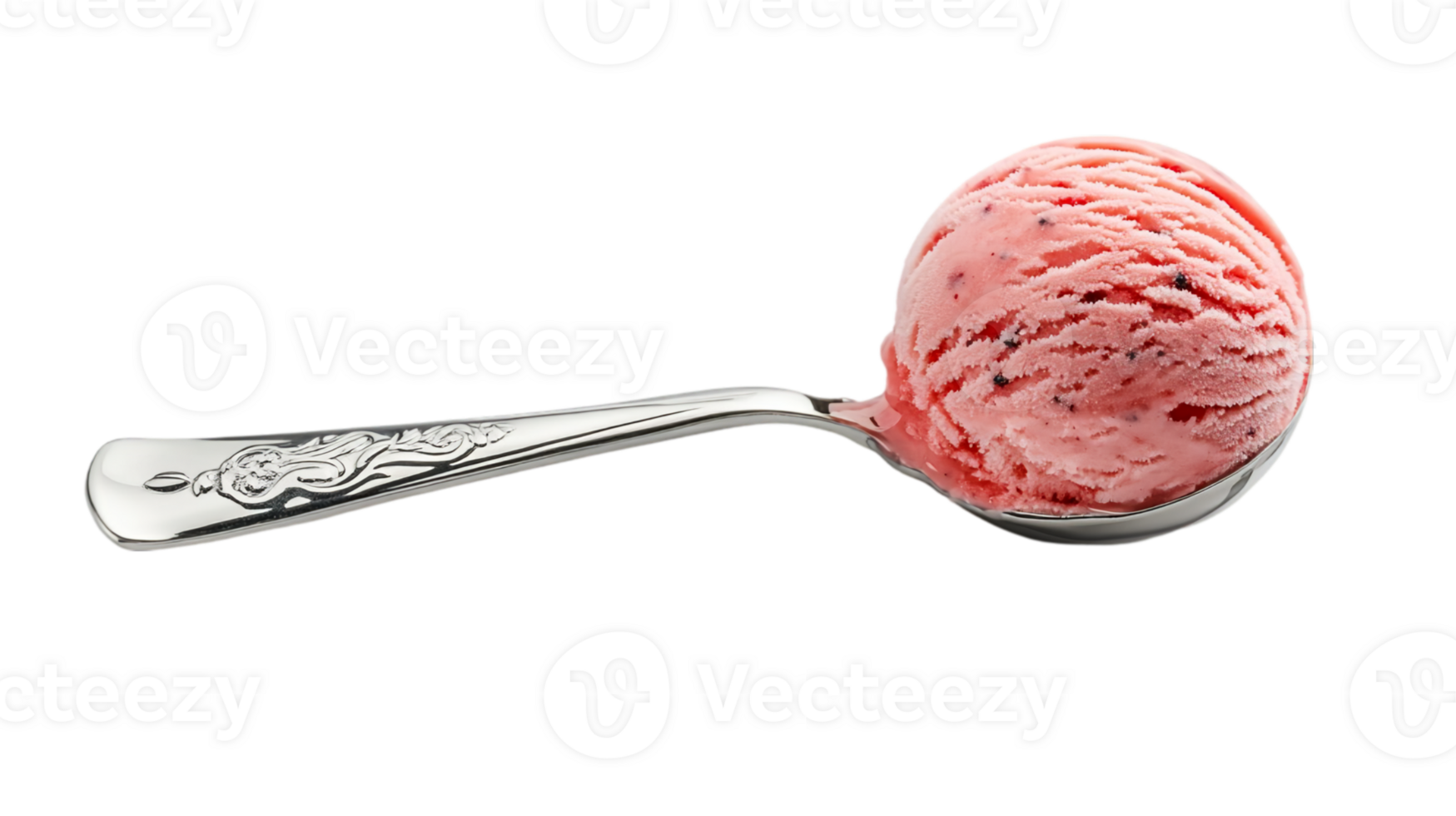Delicious strawberry ice cream scoop on silver spoonisolated on transparent background png