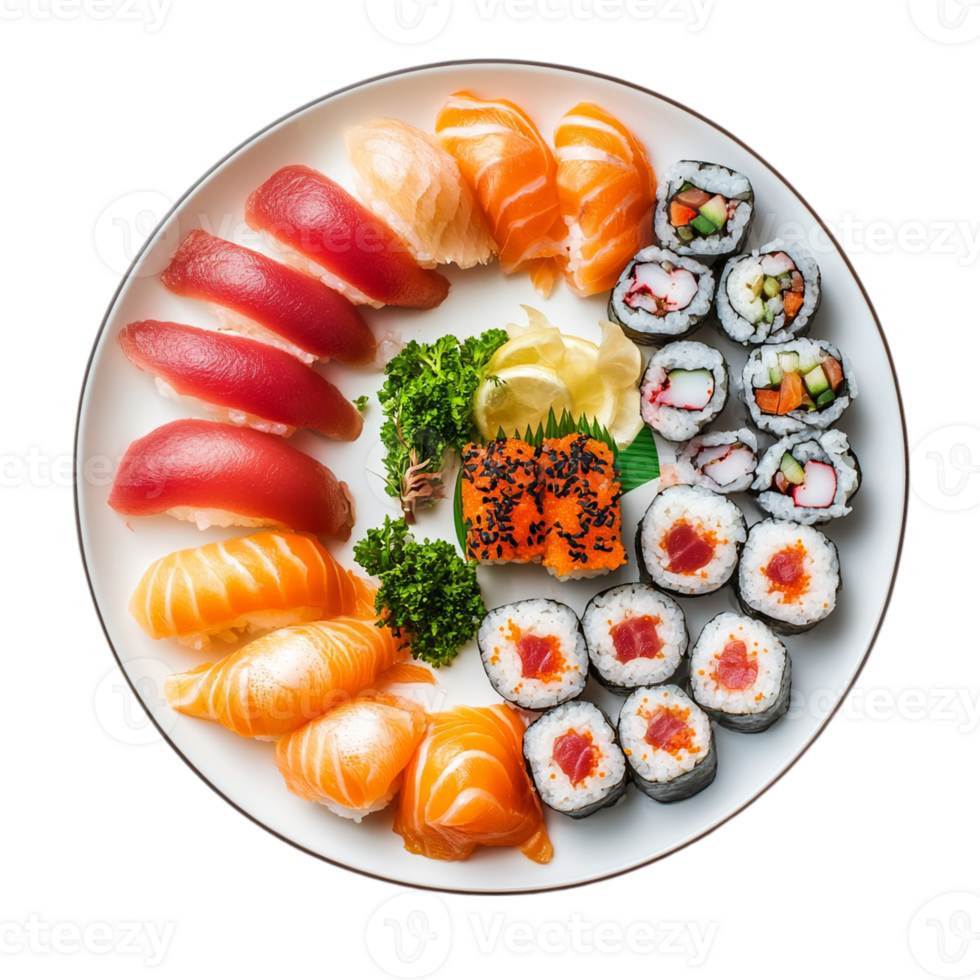 Delicious assorted sushi platter on white round plateisolated on transparent background png