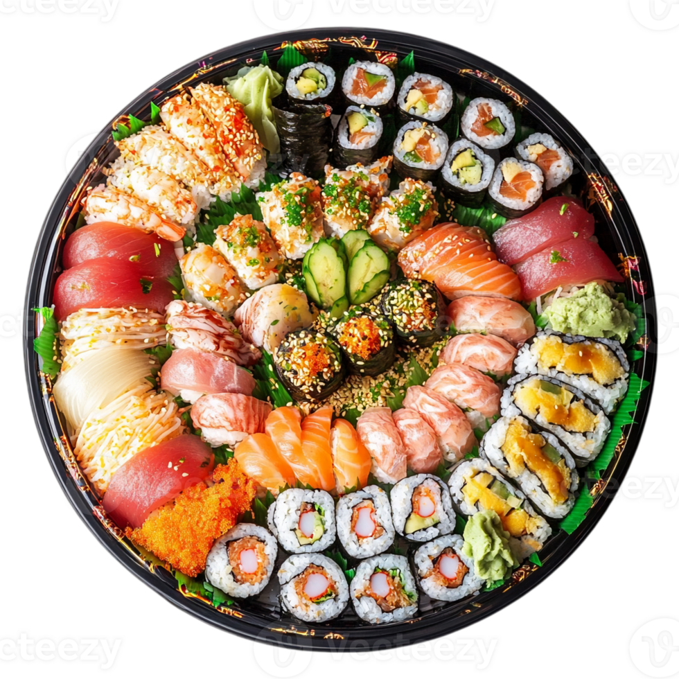 Delicious sushi platter with various rolls and sashimi cutsisolated on transparent background png