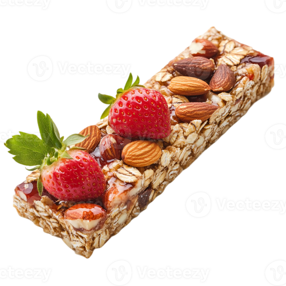 Delicious strawberry almond granola bar close up studioisolated on transparent background png