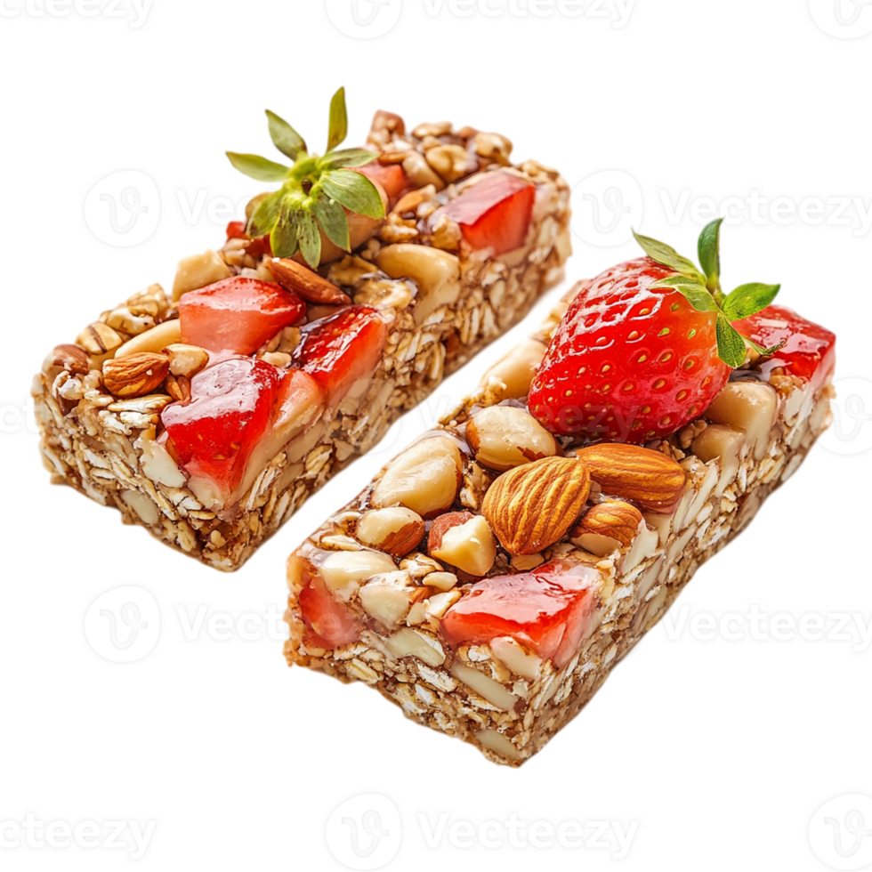 Delicious granola bars with strawberries and mixed nutsisolated on transparent background png