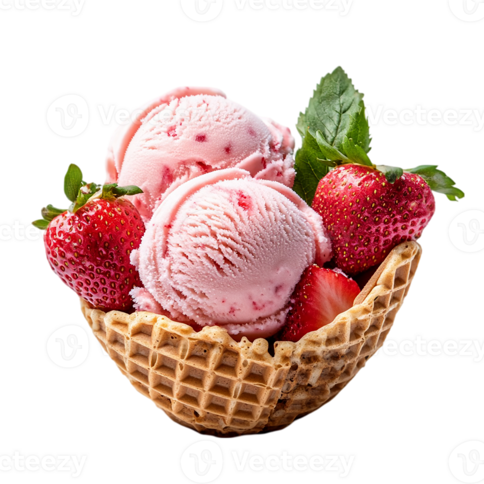 Delicious strawberry dessert in waffle cone presentationisolated on transparent background png