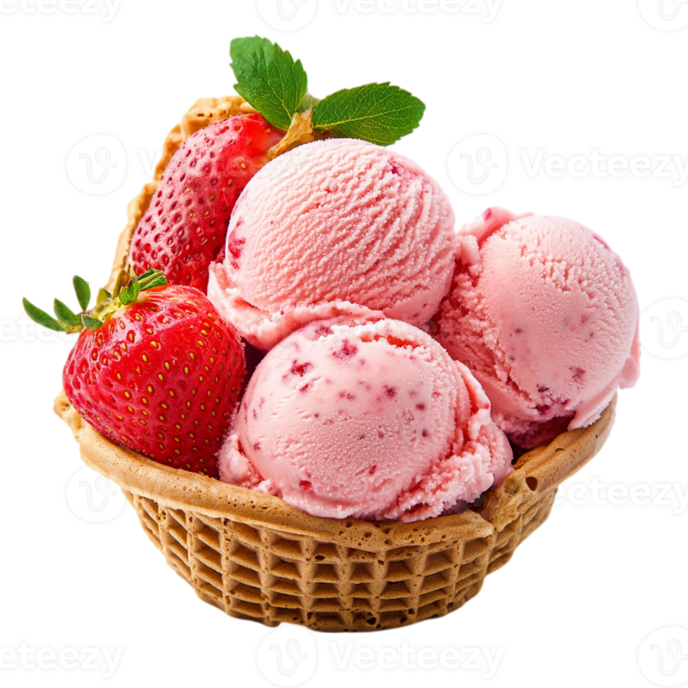 Delicious strawberry ice cream in waffle cone dessert treatisolated on transparent background png